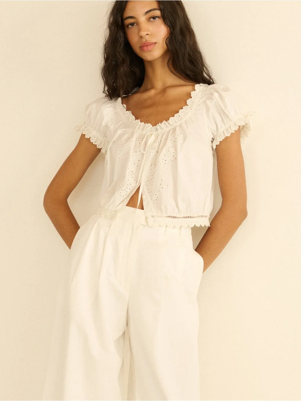 Doen Ivory Eyelet Tie-Front Crop Blouse